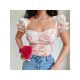 French Puff Sleeve Flower Ruched Chiffon Shirt