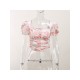 French Puff Sleeve Flower Ruched Chiffon Shirt