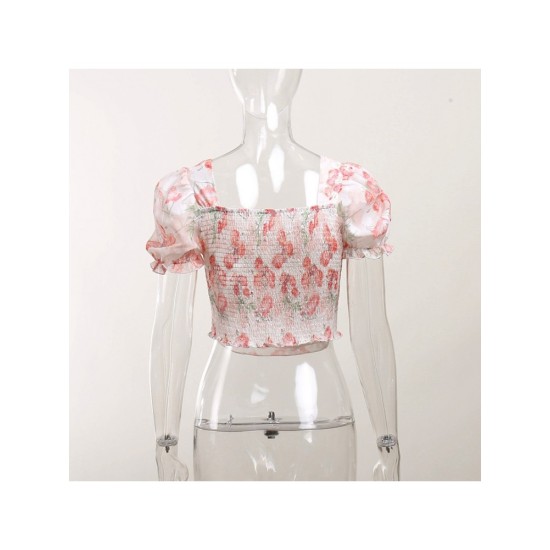 French Puff Sleeve Flower Ruched Chiffon Shirt