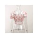 French Puff Sleeve Flower Ruched Chiffon Shirt