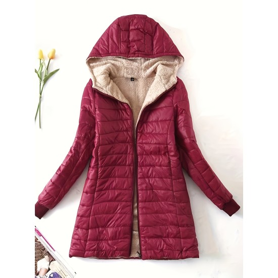 Womens Cozy Hooded Fleece Padded Jacket – Mid-thigh Slim Fit, Insulated for Warmth, Solid Color Casual Winter Coat – Perfect for Outdoor & Everyday Wear, Stylish Activewear