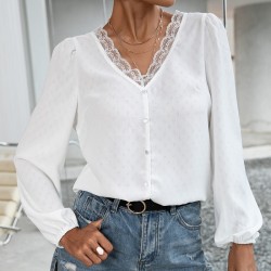 V Neck White Loose Puff Sleeve Ladies Blouse