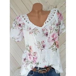 Shirt Blouse White Pink Blue Floral Lace up Print Short Sleeve Casual Holiday Basic V Neck Regular Floral S