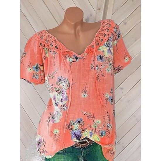 Shirt Blouse White Pink Blue Floral Lace up Print Short Sleeve Casual Holiday Basic V Neck Regular Floral S