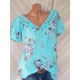 Shirt Blouse White Pink Blue Floral Lace up Print Short Sleeve Casual Holiday Basic V Neck Regular Floral S