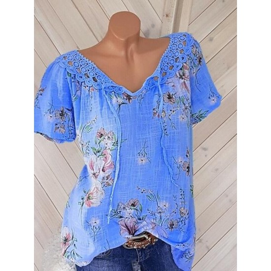 Shirt Blouse White Pink Blue Floral Lace up Print Short Sleeve Casual Holiday Basic V Neck Regular Floral S