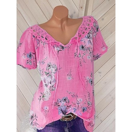 Shirt Blouse White Pink Blue Floral Lace up Print Short Sleeve Casual Holiday Basic V Neck Regular Floral S