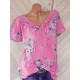 Shirt Blouse White Pink Blue Floral Lace up Print Short Sleeve Casual Holiday Basic V Neck Regular Floral S