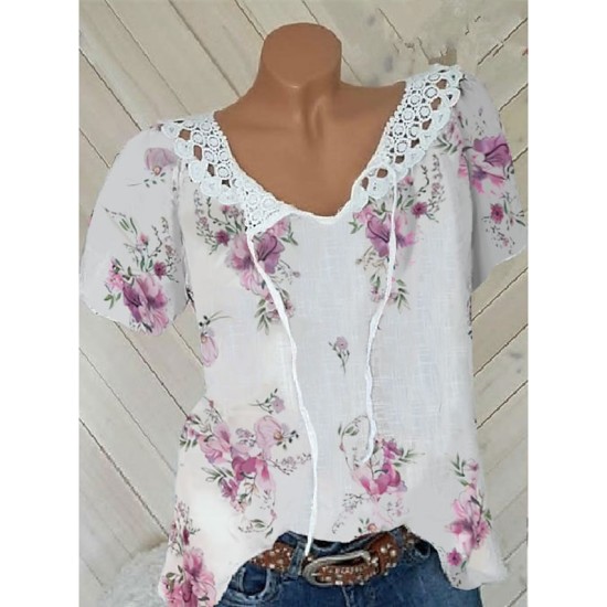 Shirt Blouse White Pink Blue Floral Lace up Print Short Sleeve Casual Holiday Basic V Neck Regular Floral S