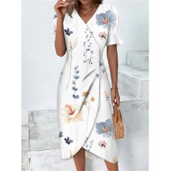 Casual Dress Sheath Dress Wrap Dress Floral Asymmetrical Print V Neck Midi Dress Active Fashion Outdoor Street Short Sleeve Loose Fit Yellow Pink Red Summer Spring S M L XL XXL