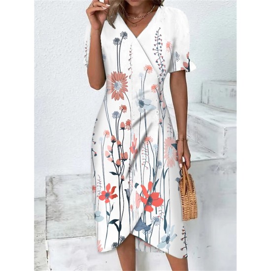 Casual Dress Sheath Dress Wrap Dress Floral Asymmetrical Print V Neck Midi Dress Active Fashion Outdoor Street Short Sleeve Loose Fit Yellow Pink Red Summer Spring S M L XL XXL