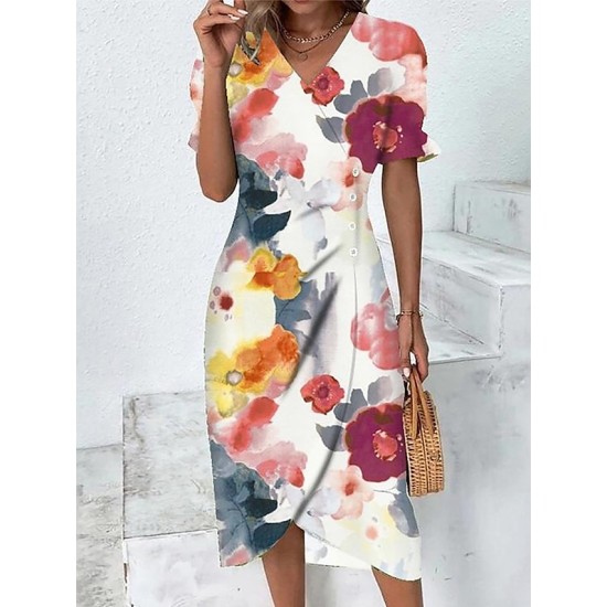 Casual Dress Sheath Dress Wrap Dress Floral Asymmetrical Print V Neck Midi Dress Active Fashion Outdoor Street Short Sleeve Loose Fit Yellow Pink Red Summer Spring S M L XL XXL