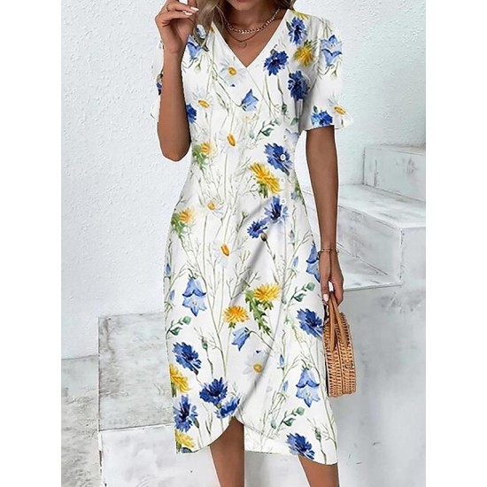 Casual Dress Sheath Dress Wrap Dress Floral Asymmetrical Print V Neck Midi Dress Active Fashion Outdoor Street Short Sleeve Loose Fit Yellow Pink Red Summer Spring S M L XL XXL