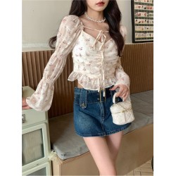 Sweet Floral Chiffon Lace Up Women’s Shirt Top