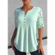 Shirt Blouse White Green Plain Lace Button Short Sleeve Casual Basic V Neck Regular S