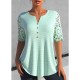 Shirt Blouse White Green Plain Lace Button Short Sleeve Casual Basic V Neck Regular S