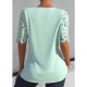 Shirt Blouse White Green Plain Lace Button Short Sleeve Casual Basic V Neck Regular S