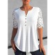 Shirt Blouse White Green Plain Lace Button Short Sleeve Casual Basic V Neck Regular S