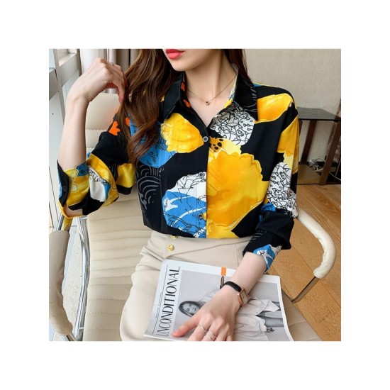 Chiffon Casual Flower Printed Long Sleeve Blouses