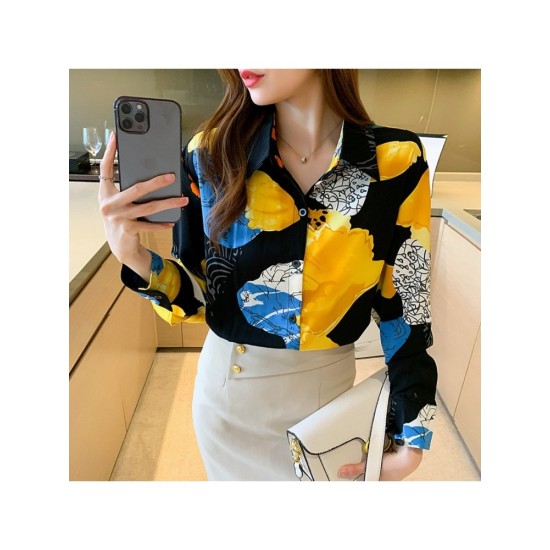 Chiffon Casual Flower Printed Long Sleeve Blouses