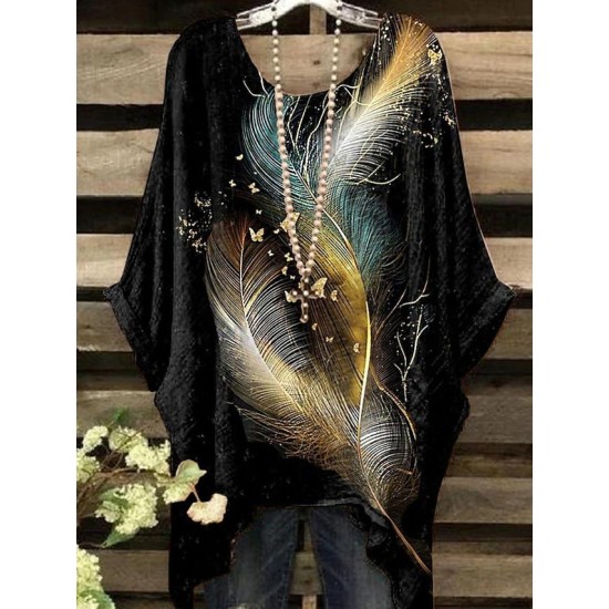 Shirt Blouse Black Wine Dark Blue Feathers Print 3/4 Length Sleeve Daily Weekend Vintage Holiday Casual Crew Neck Oversized Plus Size Dolman Sleeve L