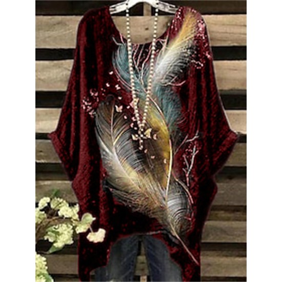 Shirt Blouse Black Wine Dark Blue Feathers Print 3/4 Length Sleeve Daily Weekend Vintage Holiday Casual Crew Neck Oversized Plus Size Dolman Sleeve L