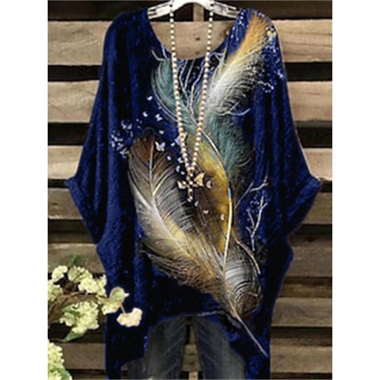 Shirt Blouse Black Wine Dark Blue Feathers Print 3/4 Length Sleeve Daily Weekend Vintage Holiday Casual Crew Neck Oversized Plus Size Dolman Sleeve L