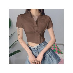 Fashion Pure Color Pockets Short Sleeve Crop Blouses