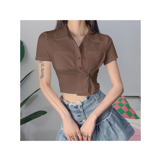 Fashion Pure Color Pockets Short Sleeve Crop Blouses