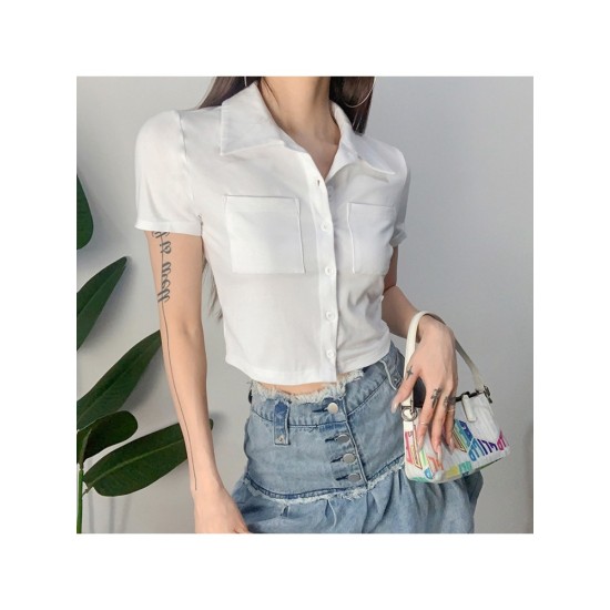 Fashion Pure Color Pockets Short Sleeve Crop Blouses