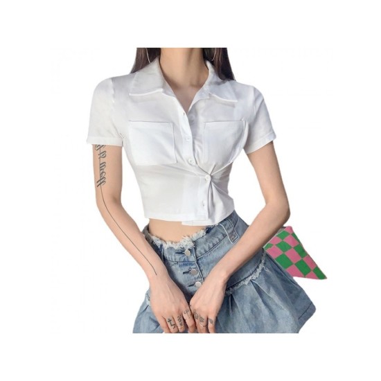 Fashion Pure Color Pockets Short Sleeve Crop Blouses