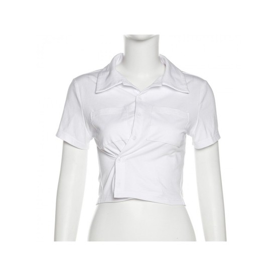 Fashion Pure Color Pockets Short Sleeve Crop Blouses