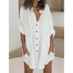 Shirt Dress Casual Dress Mini Dress White Green Long Sleeve Pure Color Button Fall Spring Summer Shirt Collar Basic Daily Fall Dress Loose Fit 2023 M L XL 2XL 3XL