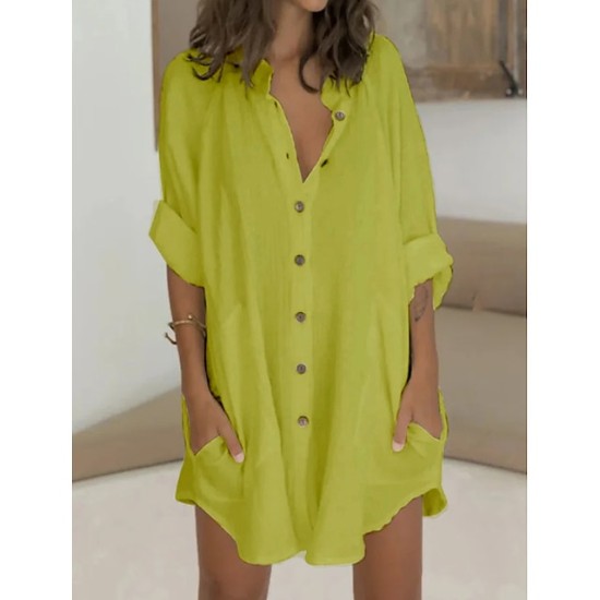 Shirt Dress Casual Dress Mini Dress White Green Long Sleeve Pure Color Button Fall Spring Summer Shirt Collar Basic Daily Fall Dress Loose Fit 2023 M L XL 2XL 3XL