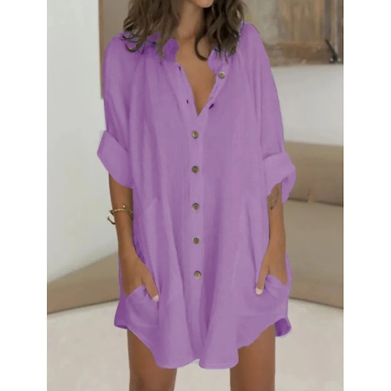 Shirt Dress Casual Dress Mini Dress White Green Long Sleeve Pure Color Button Fall Spring Summer Shirt Collar Basic Daily Fall Dress Loose Fit 2023 M L XL 2XL 3XL