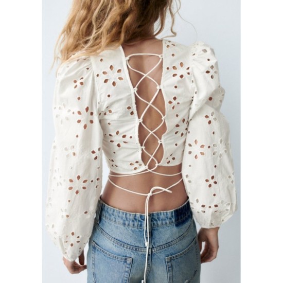 White Hollowed Out Bandage Elegant Women’s Blouse