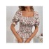 Ruched Flower Printing Fashion Square Neck Blouse