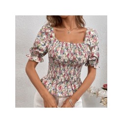 Ruched Flower Printing Fashion Square Neck Blouse