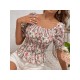 Ruched Flower Printing Fashion Square Neck Blouse