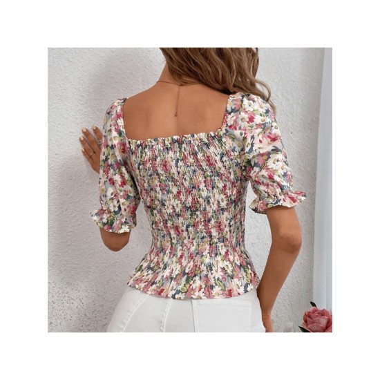 Ruched Flower Printing Fashion Square Neck Blouse