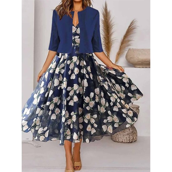 Two Piece Dress Set Casual Dress Chiffon Dress Outdoor Daily Fashion Elegant Print Midi Dress V Neck Half Sleeve Floral Regular Fit Navy Blue Purple Green Summer Spring S M L XL XXL