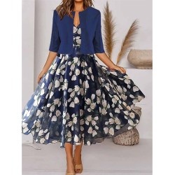 Two Piece Dress Set Casual Dress Chiffon Dress Outdoor Daily Fashion Elegant Print Midi Dress V Neck Half Sleeve Floral Regular Fit Navy Blue Purple Green Summer Spring S M L XL XXL