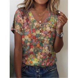 T shirt Tee Pink Blue Green Floral Button Cut Out Short Sleeve Holiday Weekend Basic V Neck Regular Floral Painting S