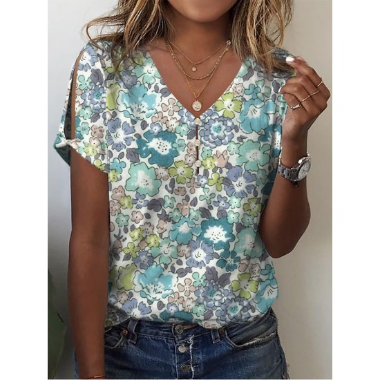 T shirt Tee Pink Blue Green Floral Button Cut Out Short Sleeve Holiday Weekend Basic V Neck Regular Floral Painting S