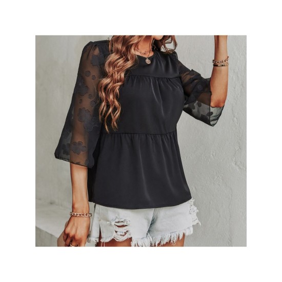 Casual Chiffon Embroidery Patchwork Loose Blouse Tops