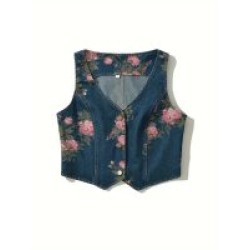 Women Floral Print Denim Vest, Sexy V-Neck, Thickened Cotton, Button Front, Sleeveless, Short Length, Autumnu002FWinter Fashion, Denim Jacket & Outerwear – Mallcopilot fashion women's clothings and shoes outlet factory store