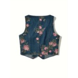 Women Floral Print Denim Vest, Sexy V-Neck, Thickened Cotton, Button Front, Sleeveless, Short Length, Autumnu002FWinter Fashion, Denim Jacket & Outerwear – Mallcopilot fashion women's clothings and shoes outlet factory store