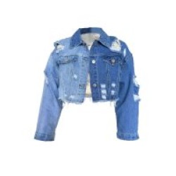 Women Vintage Cropped Denim Jacket – Casual Style, Solid Color, Distressed Detail, Cotton Blend, Perfect for Springu002FFall – Mallcopilot fashion women's clothings and shoes outlet factory store