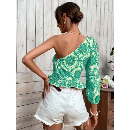 One Shoulder Printed Puff Sleeve Ladies Top