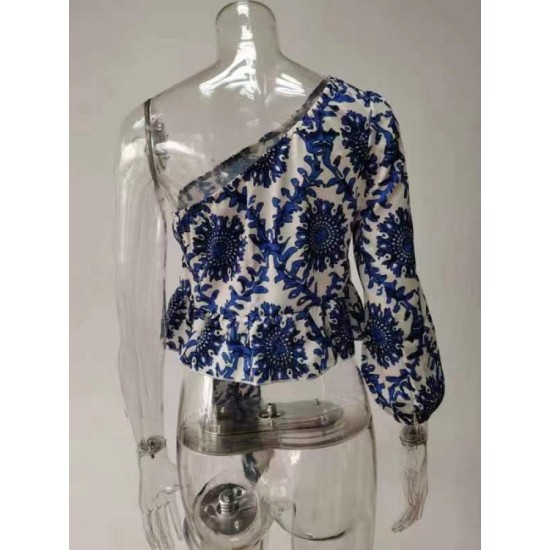 One Shoulder Printed Puff Sleeve Ladies Top